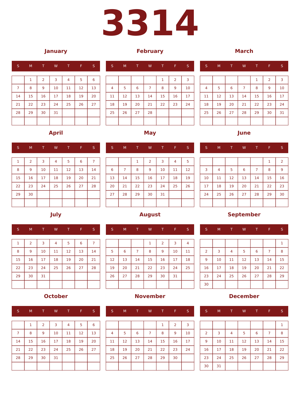 Printable 3314 Year Calendars falu