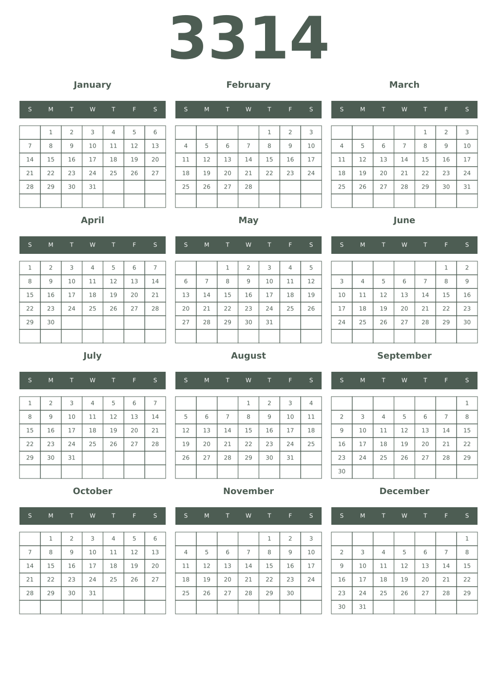 Printable 3314 Year Calendars feldgrau