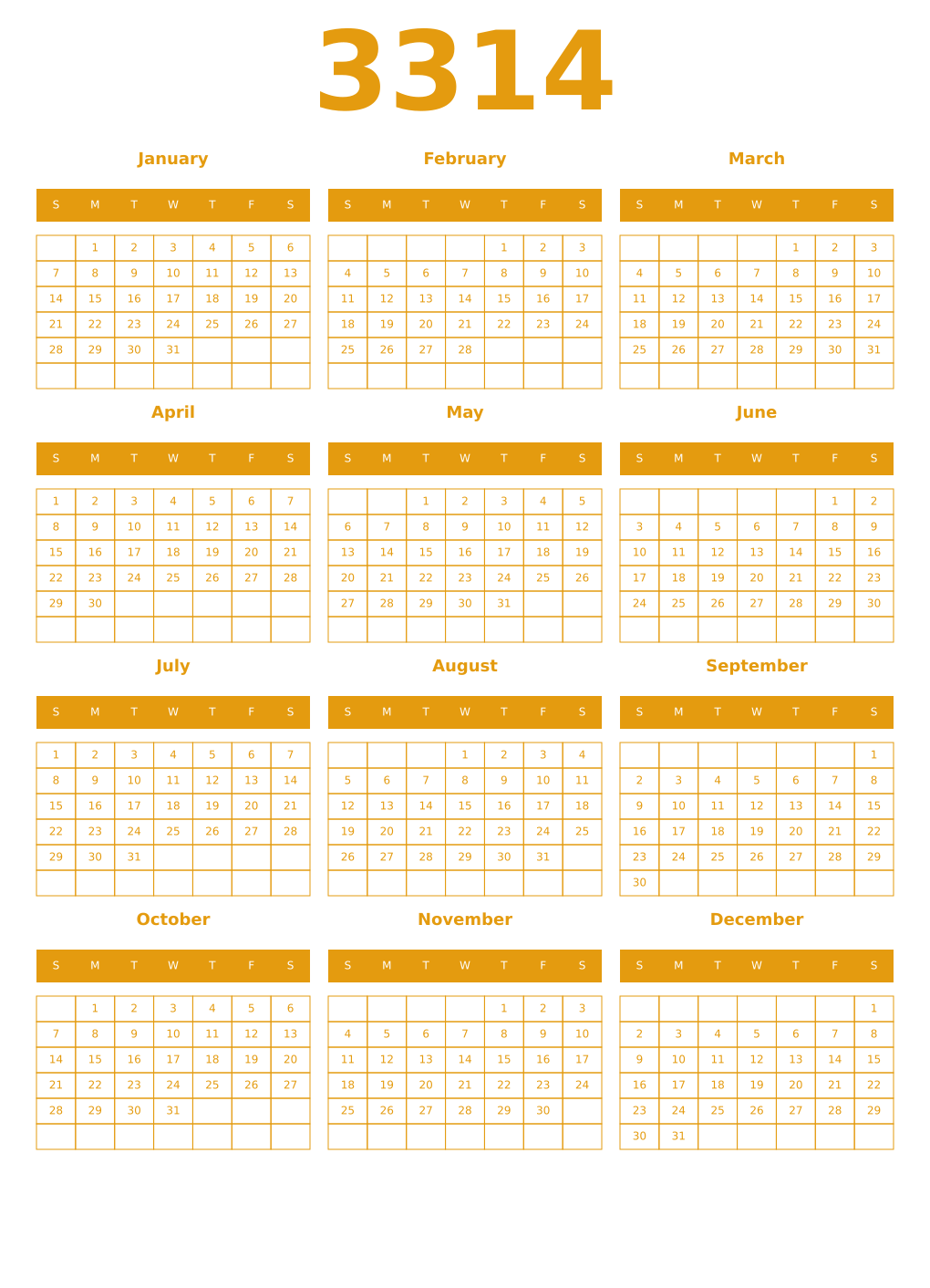 Printable 3314 Year Calendars gamboge
