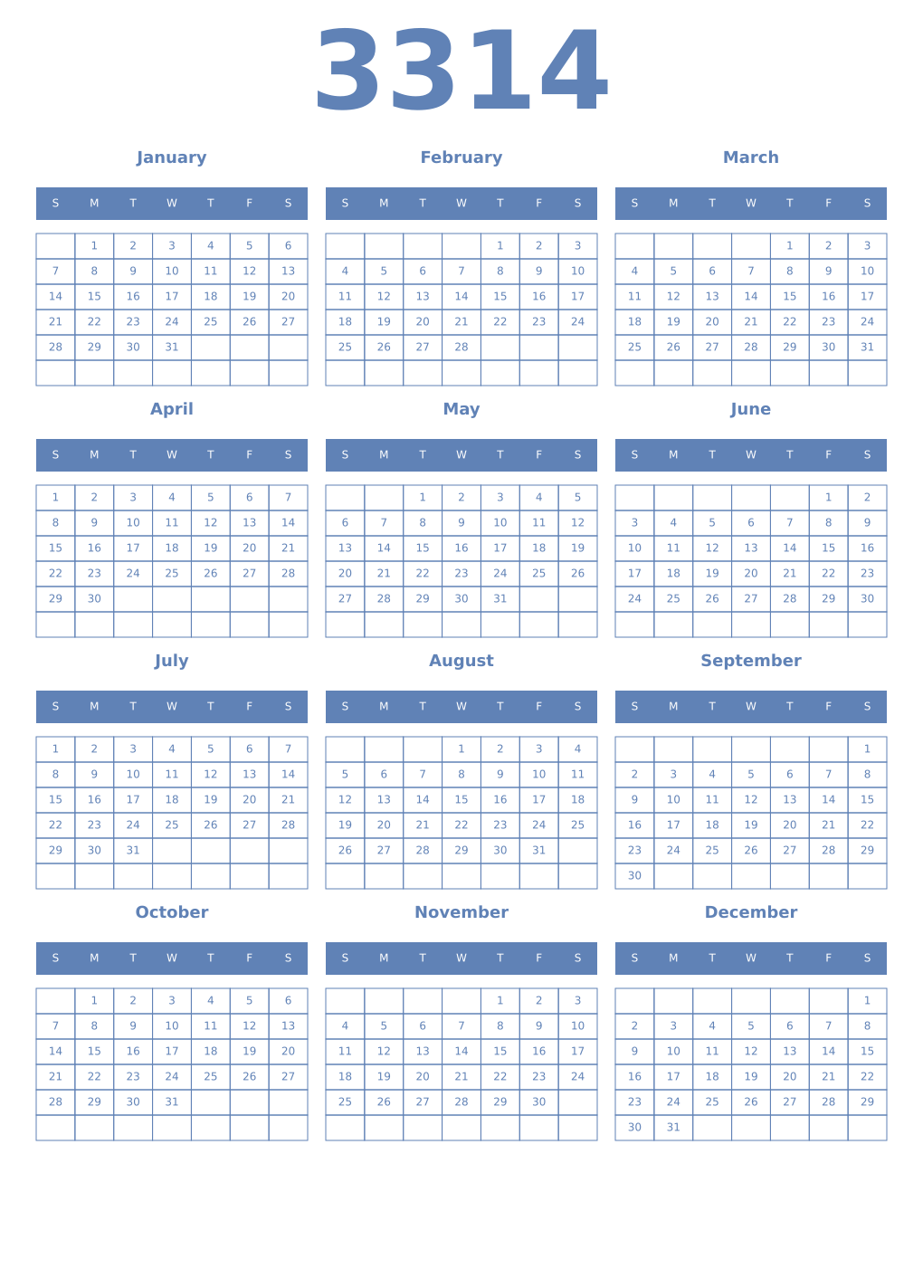 Printable 3314 Year Calendars glaucous