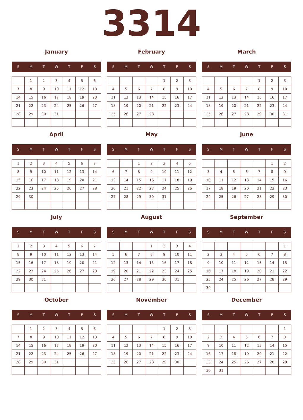 Printable 3314 Year Calendars mortuum