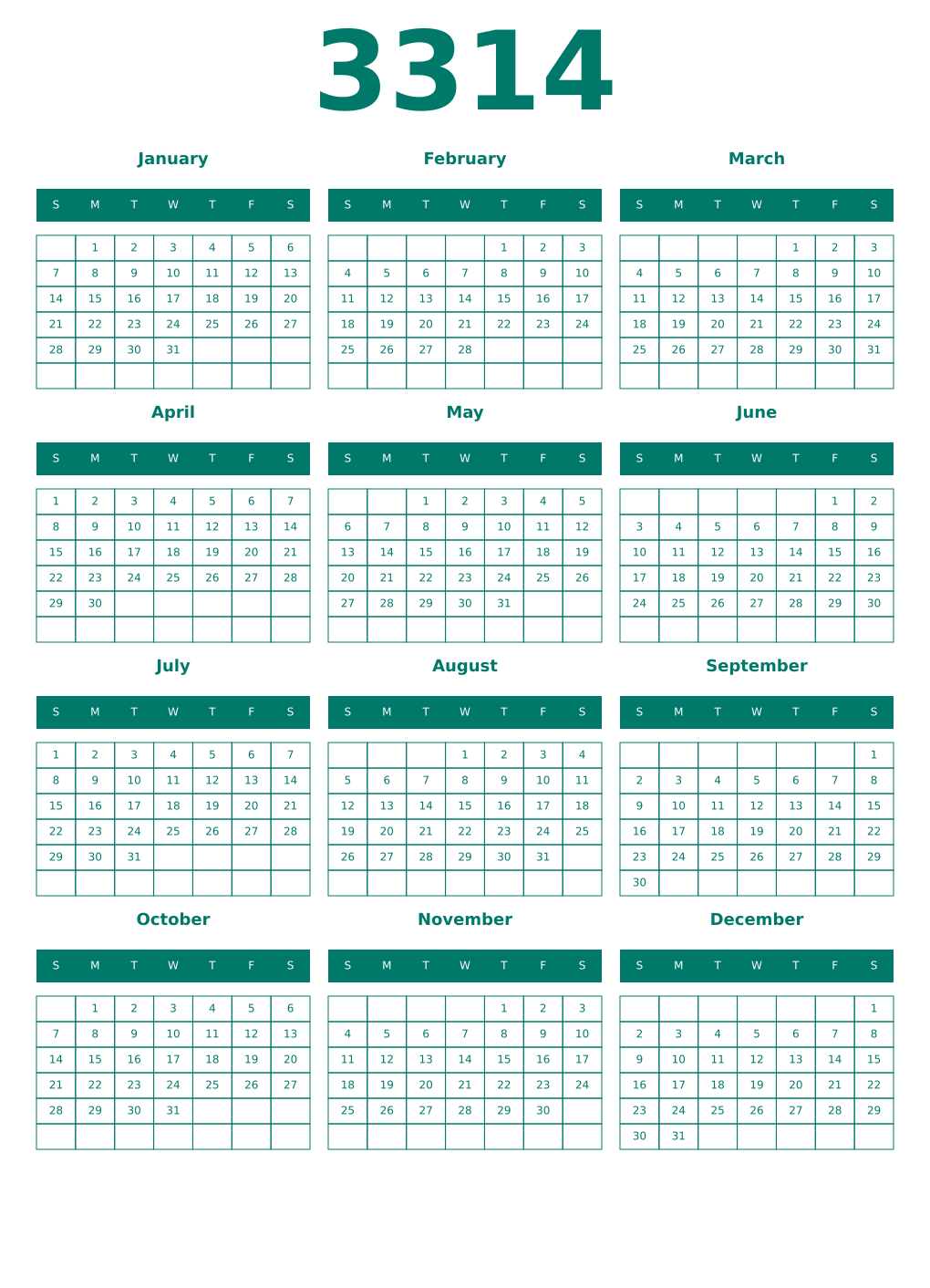 Printable 3314 Year Calendars pastel