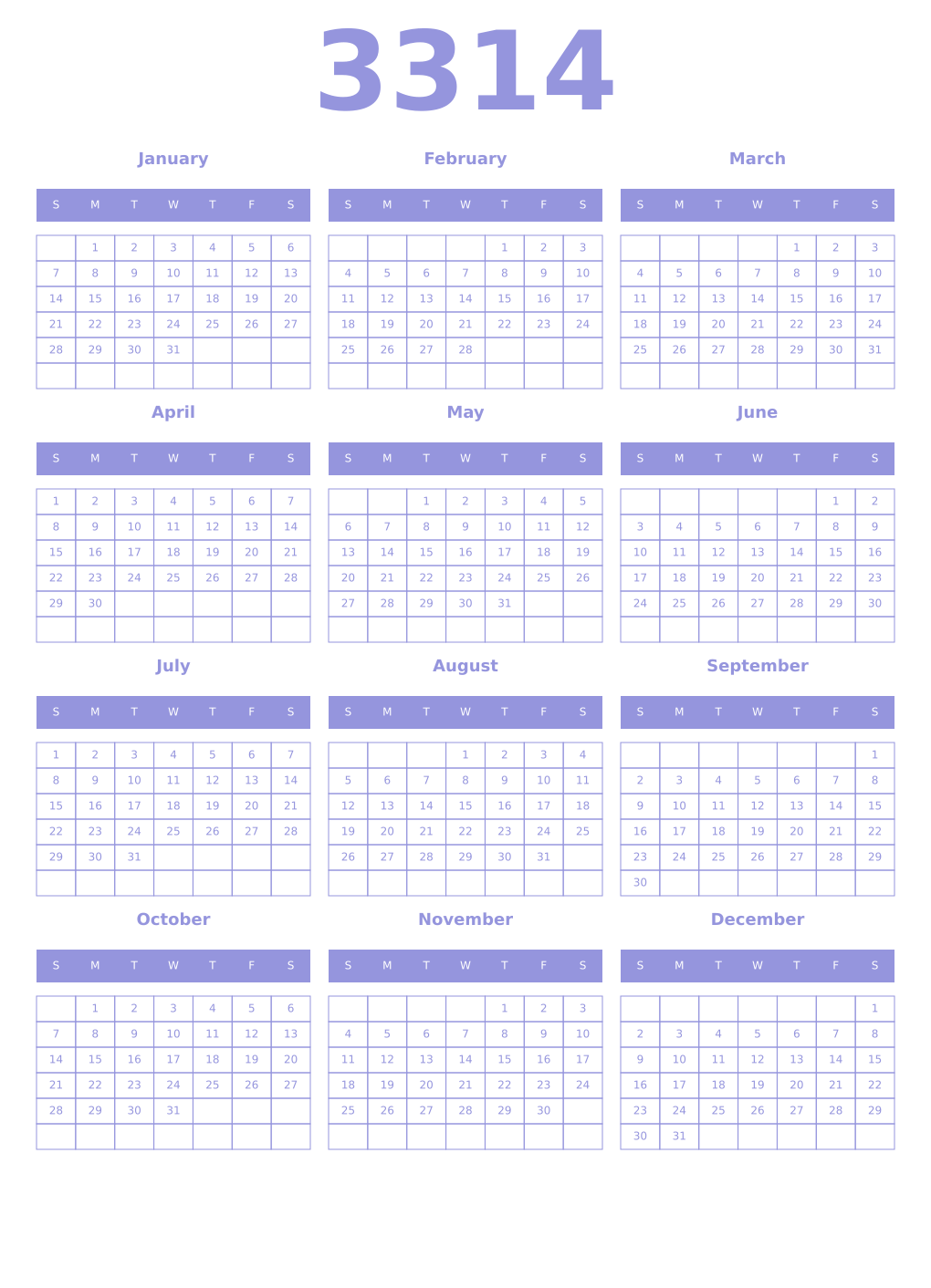 Printable 3314 Year Calendars periwinkle