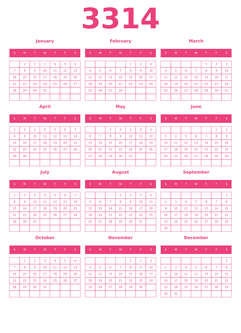 Printable 3314 Year Calendars pink