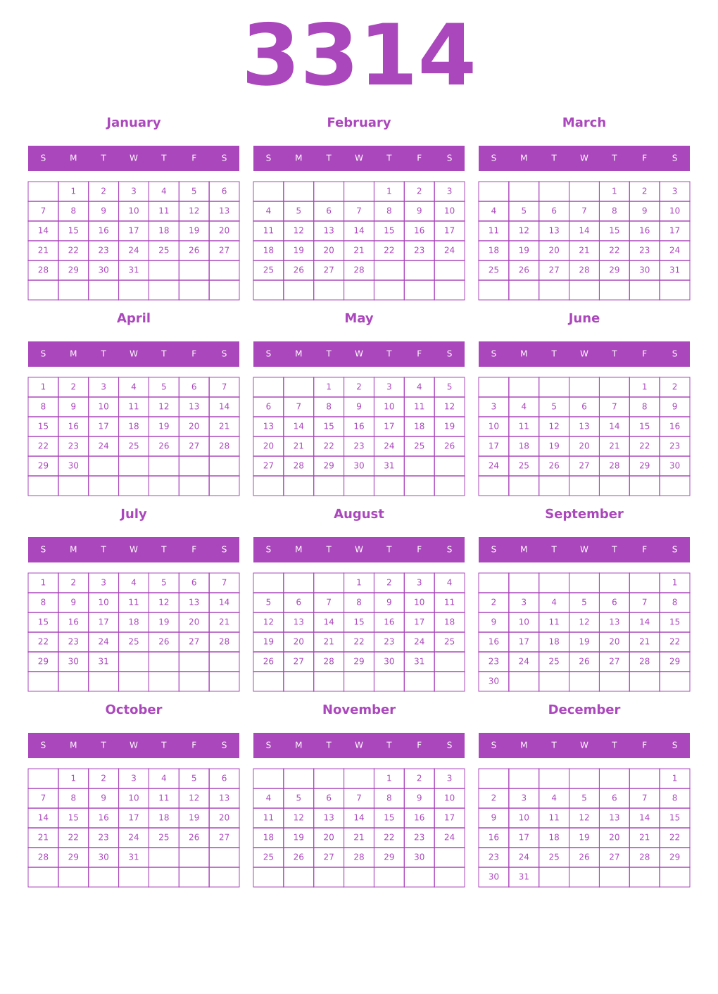 Printable 3314 Year Calendars purple