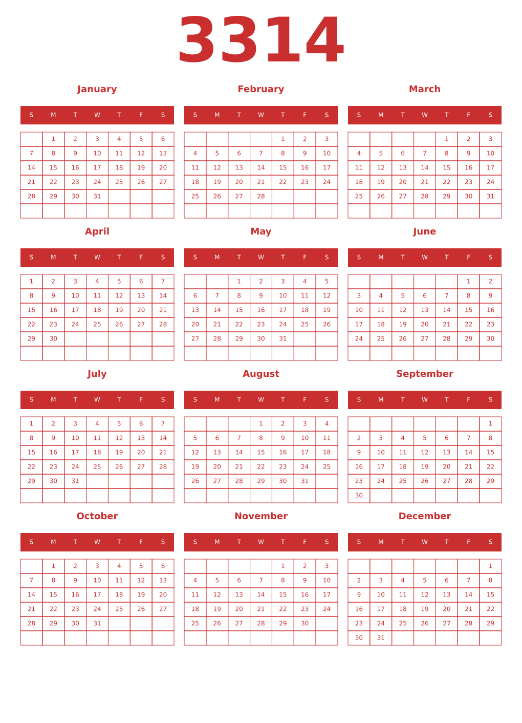Printable 3314 Year Calendars red