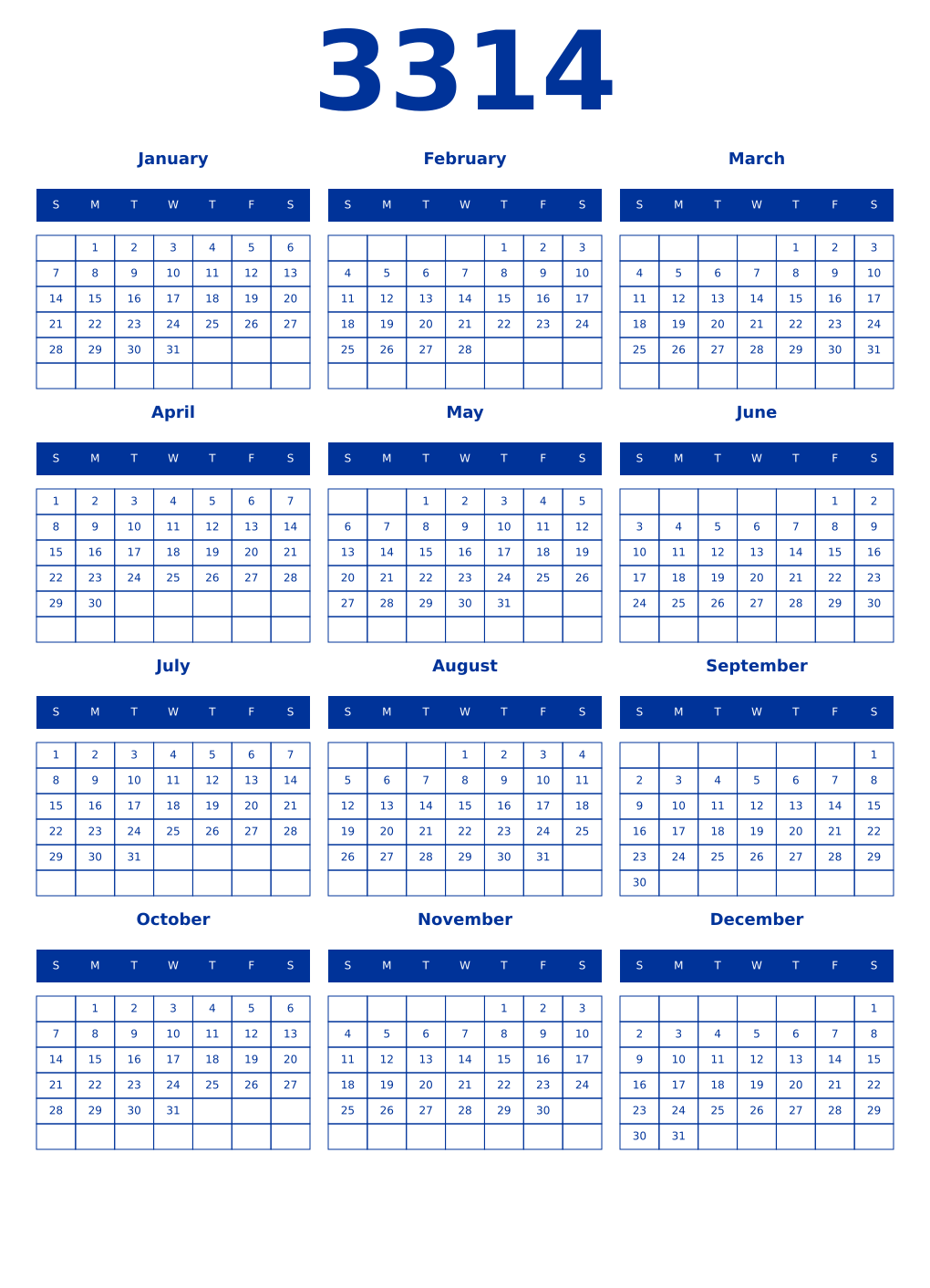 Printable 3314 Year Calendars smalt