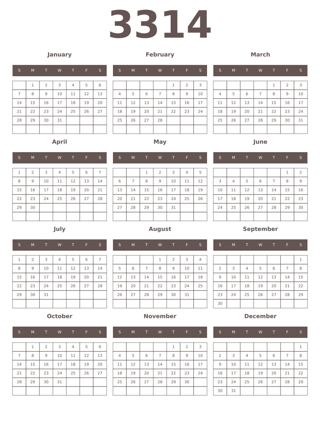 Printable 3314 Year Calendars wenge