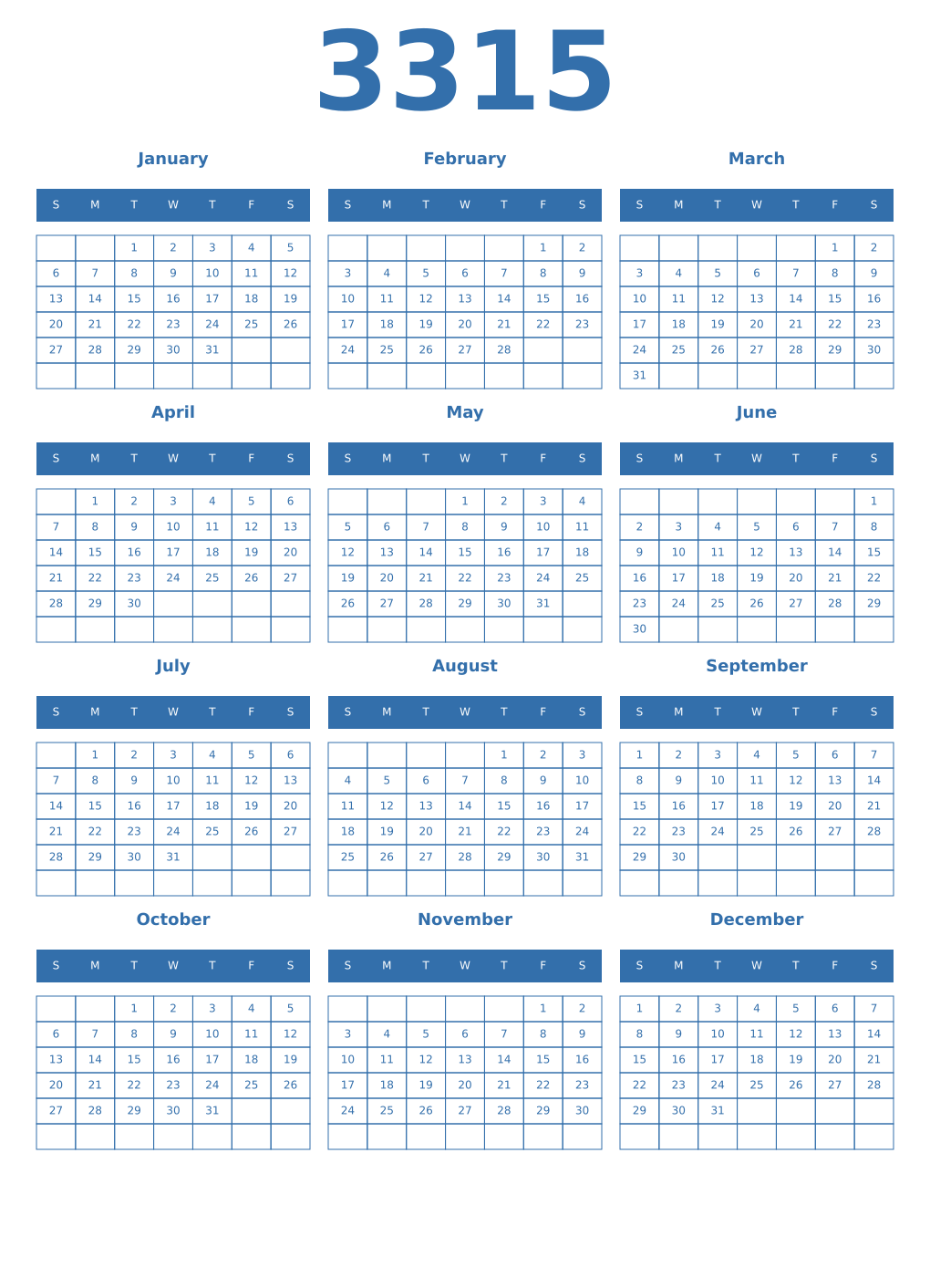 Printable 3315 Year Calendars blue