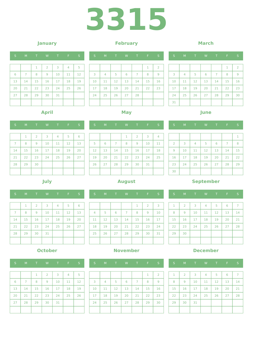 Printable 3315 Year Calendars celadon