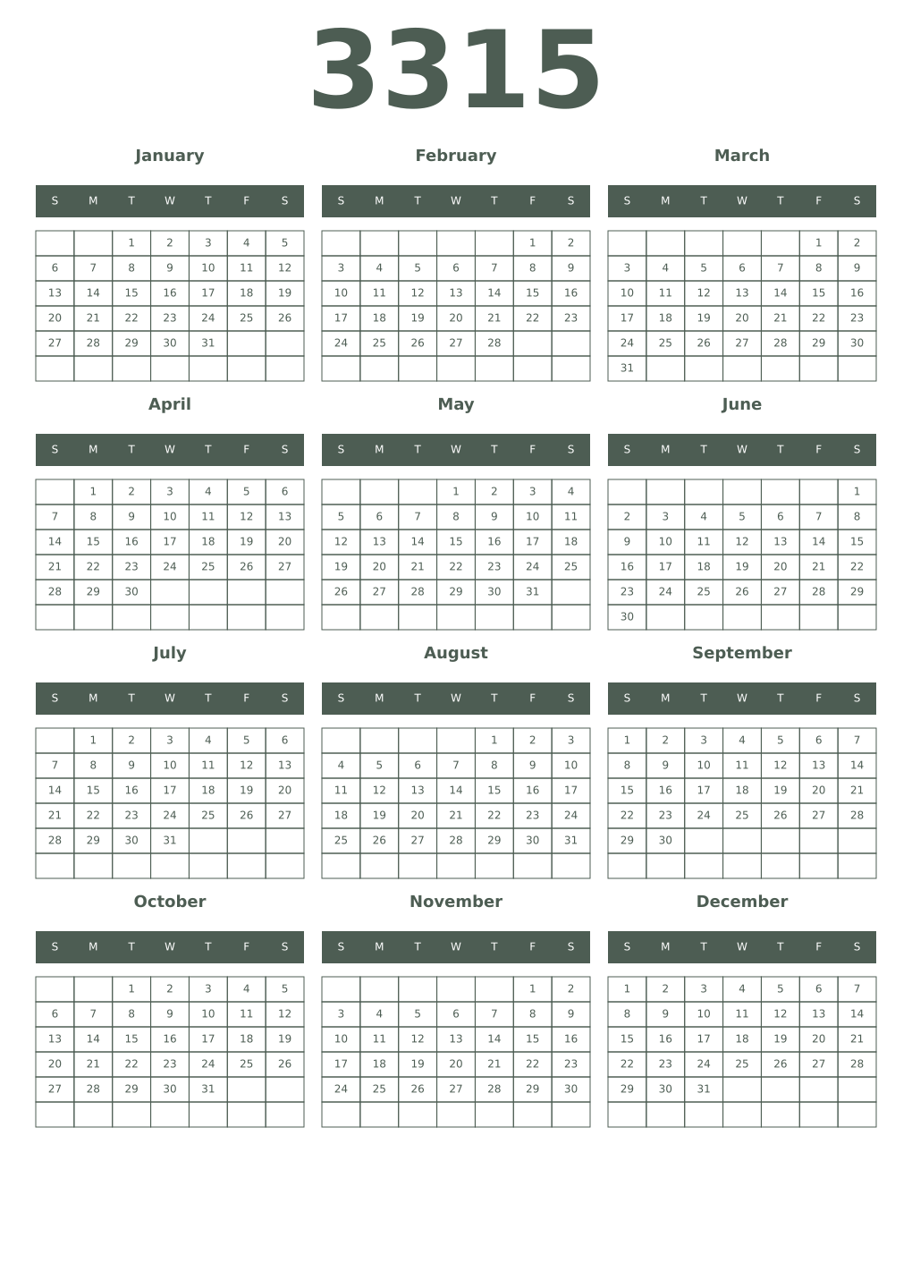 Printable 3315 Year Calendars feldgrau
