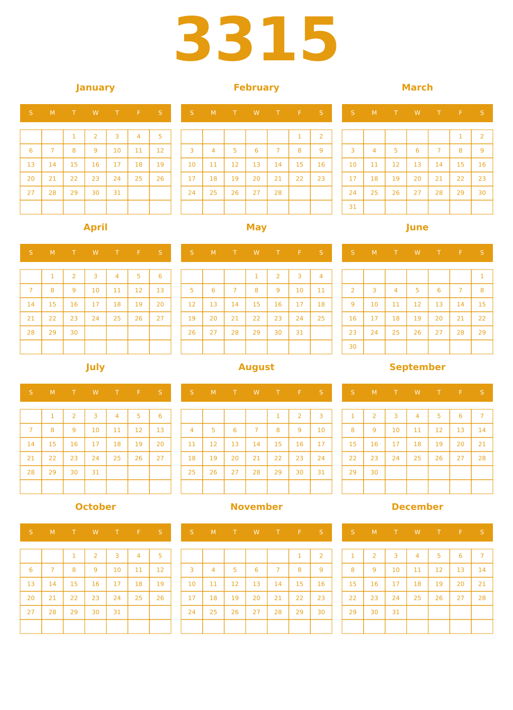 Printable 3315 Year Calendars gamboge