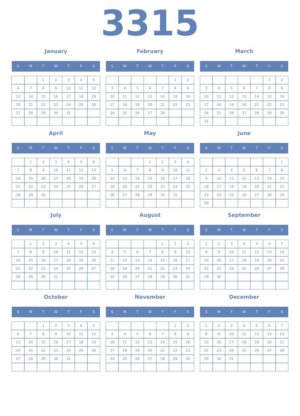 Printable 3315 Year Calendars glaucous