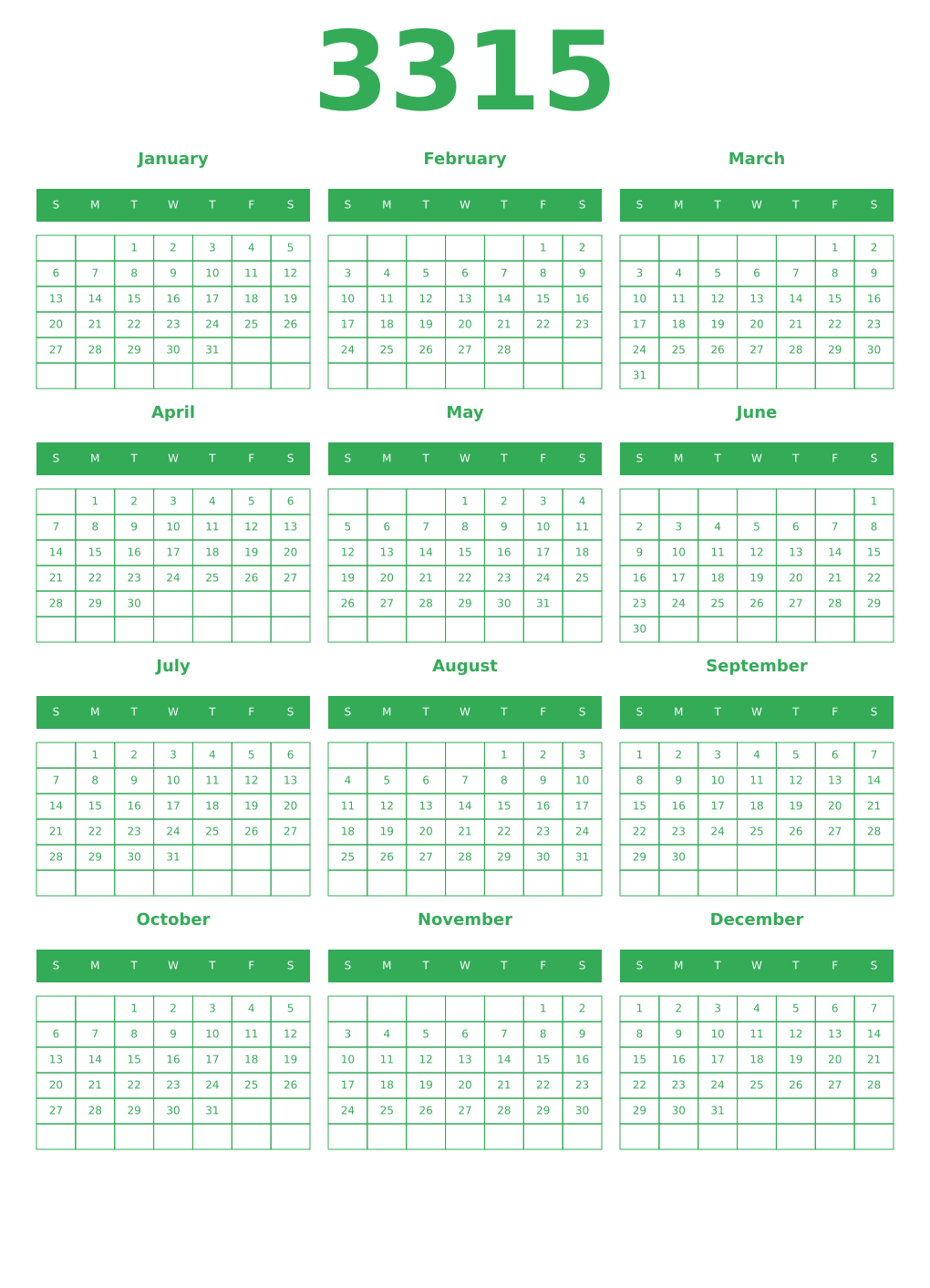 Printable 3315 Year Calendars green