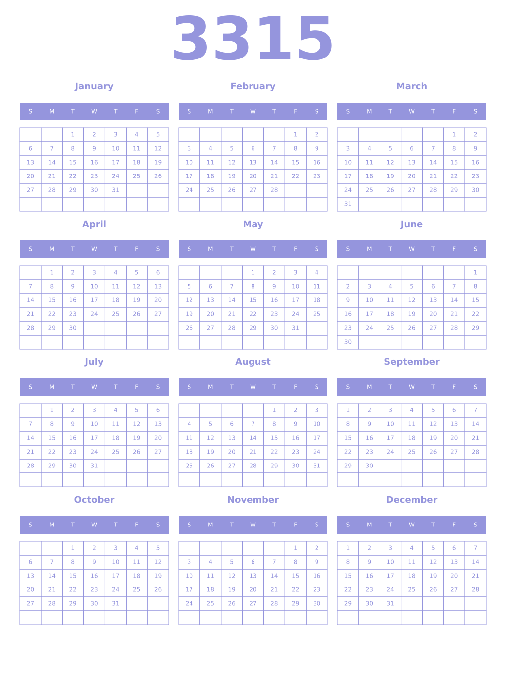 Printable 3315 Year Calendars periwinkle