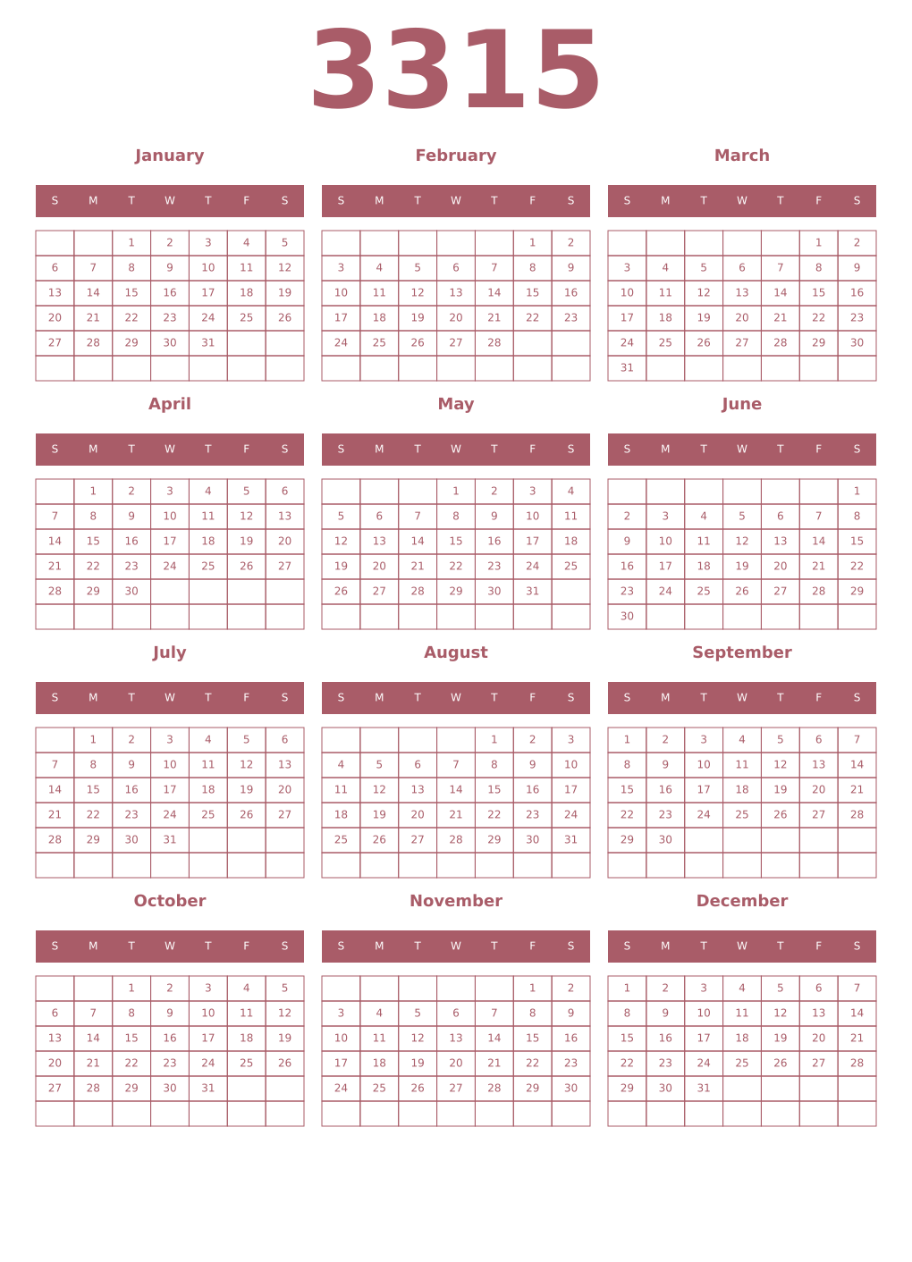 Printable 3315 Year Calendars puce