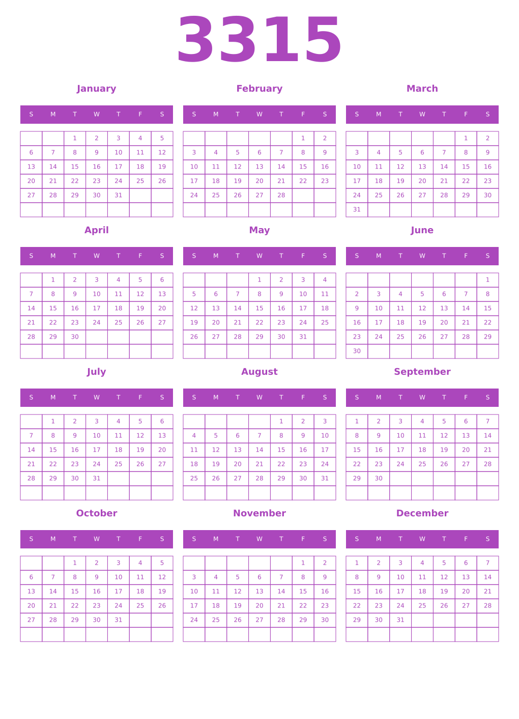 Printable 3315 Year Calendars purple