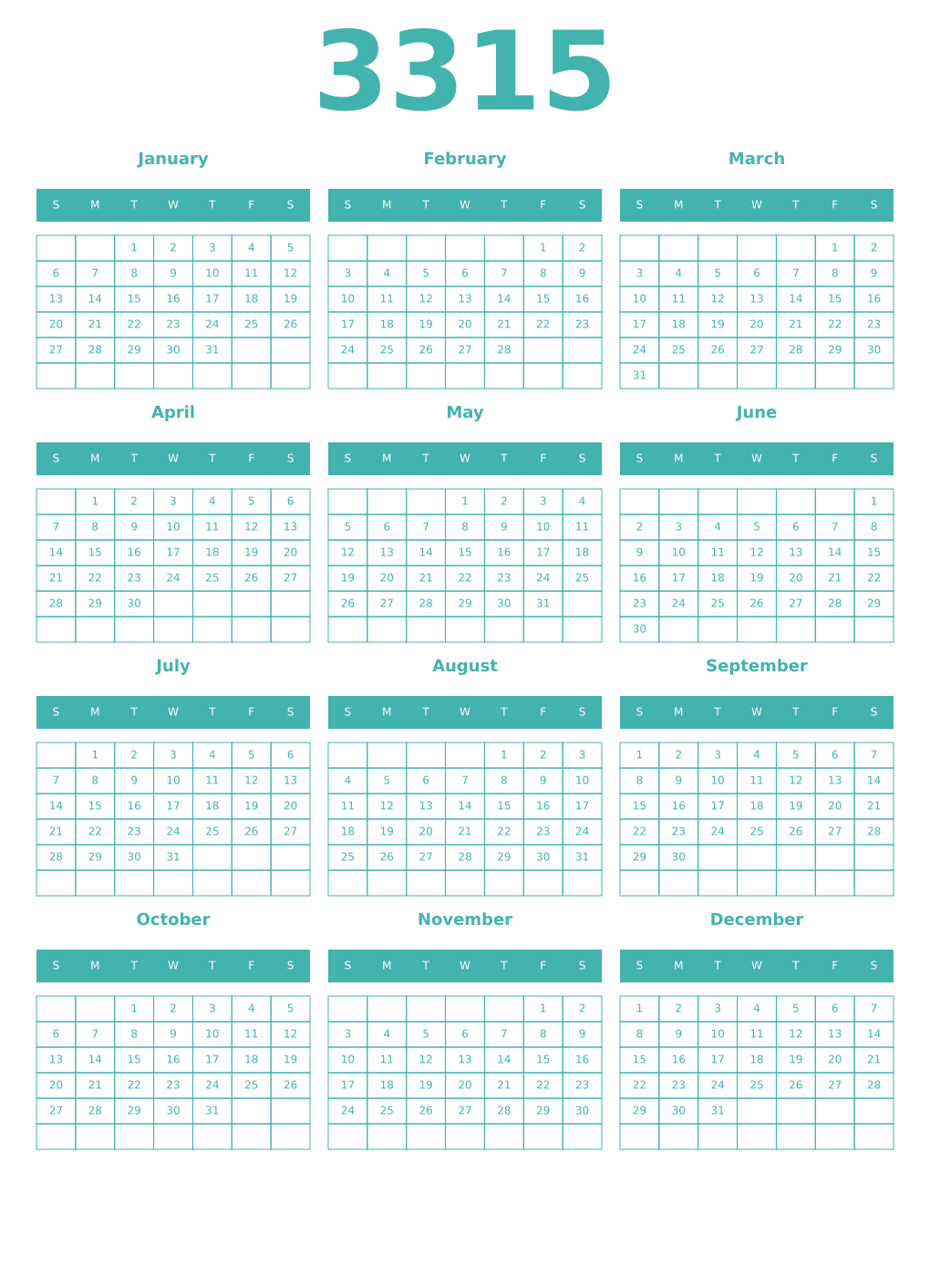 Printable 3315 Year Calendars verdigris