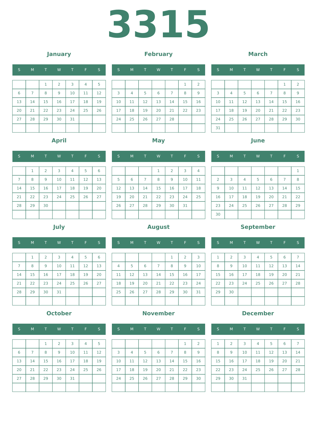 Printable 3315 Year Calendars viridian