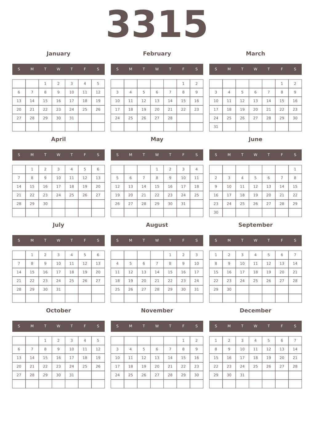 Printable 3315 Year Calendars wenge