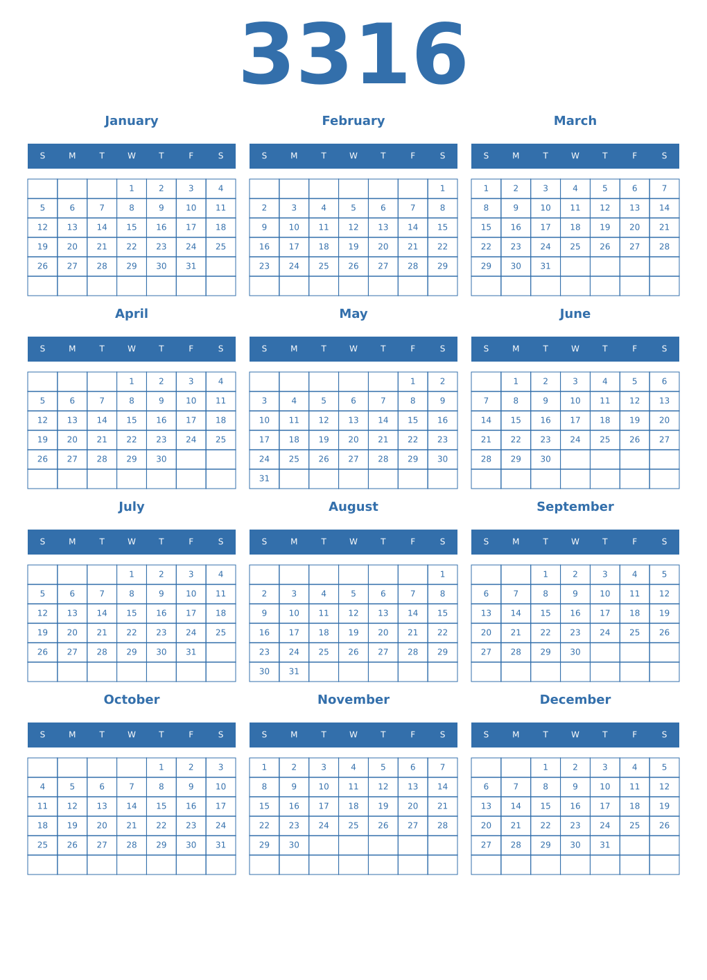 Printable 3316 Year Calendars blue