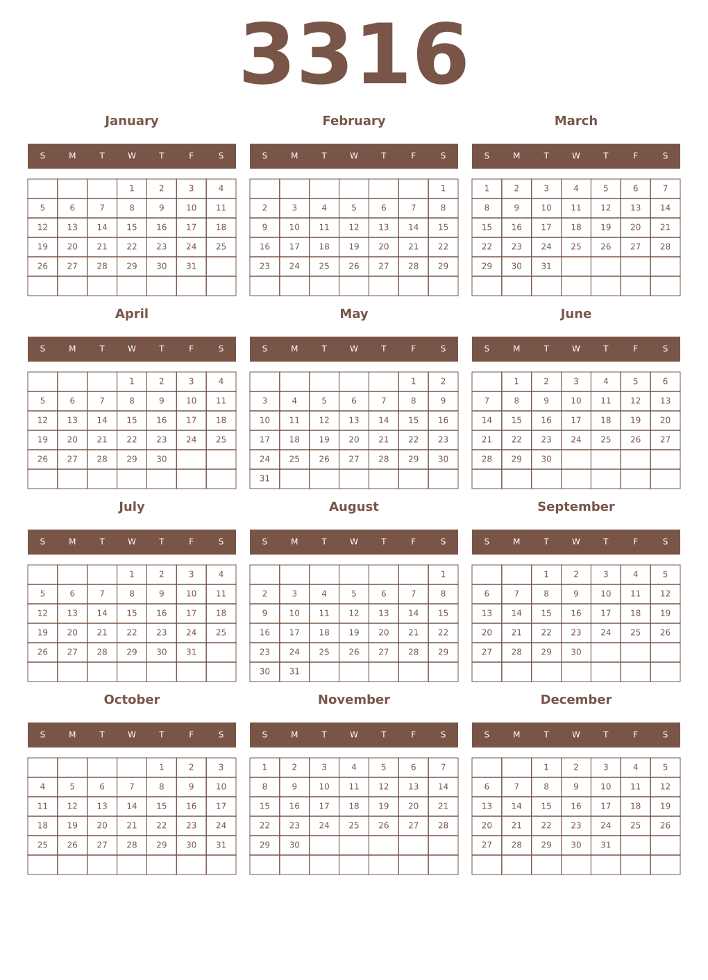 Printable 3316 Year Calendars coffe