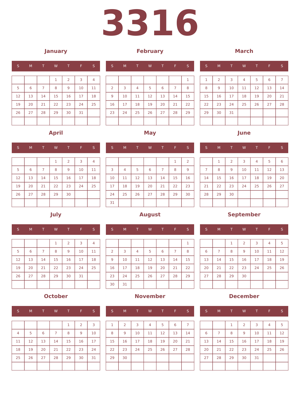Printable 3316 Year Calendars cordovan