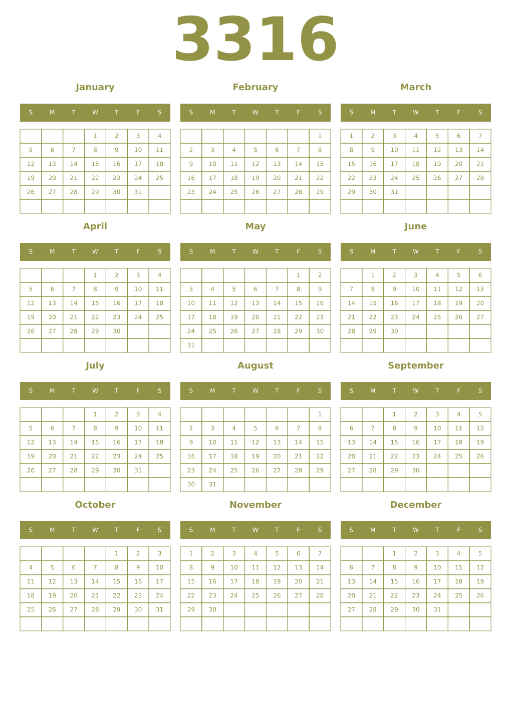 Printable 3316 Year Calendars eburnean