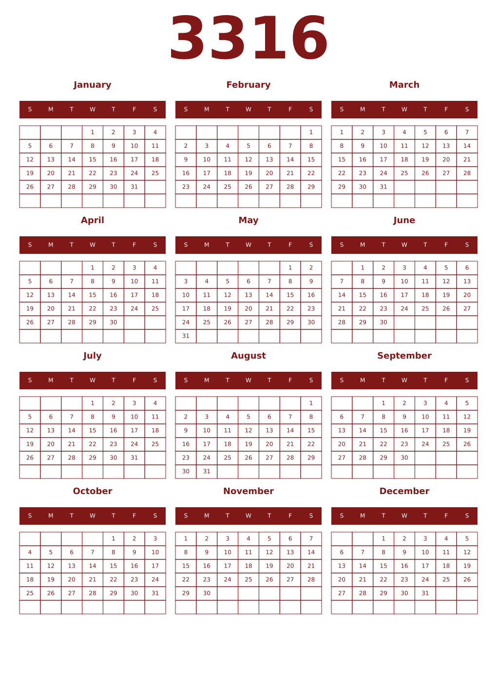 Printable 3316 Year Calendars falu