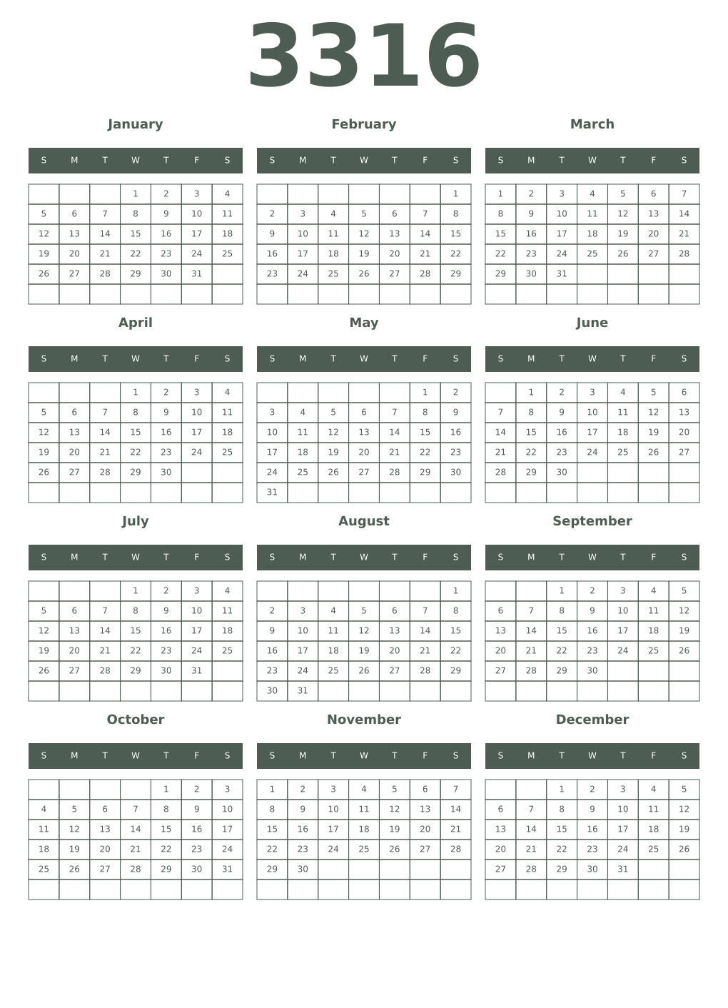 Printable 3316 Year Calendars feldgrau