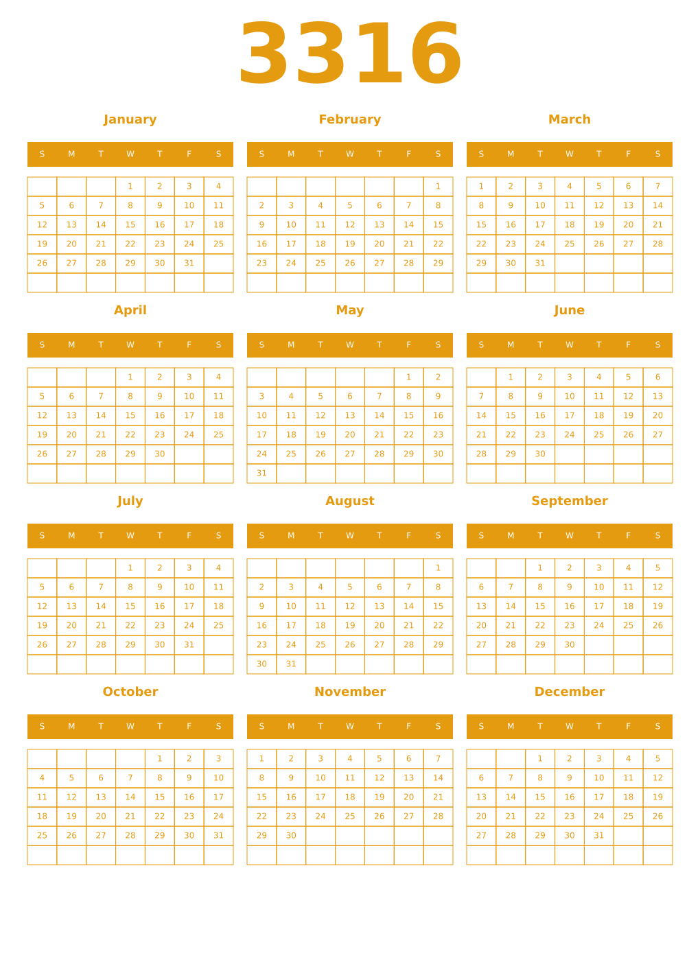 Printable 3316 Year Calendars gamboge