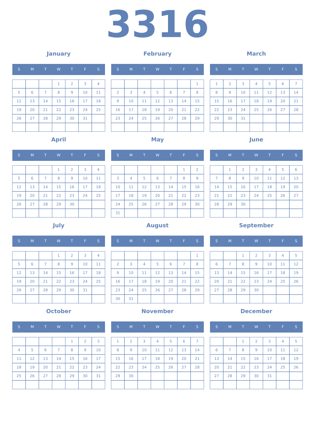 Printable 3316 Year Calendars glaucous