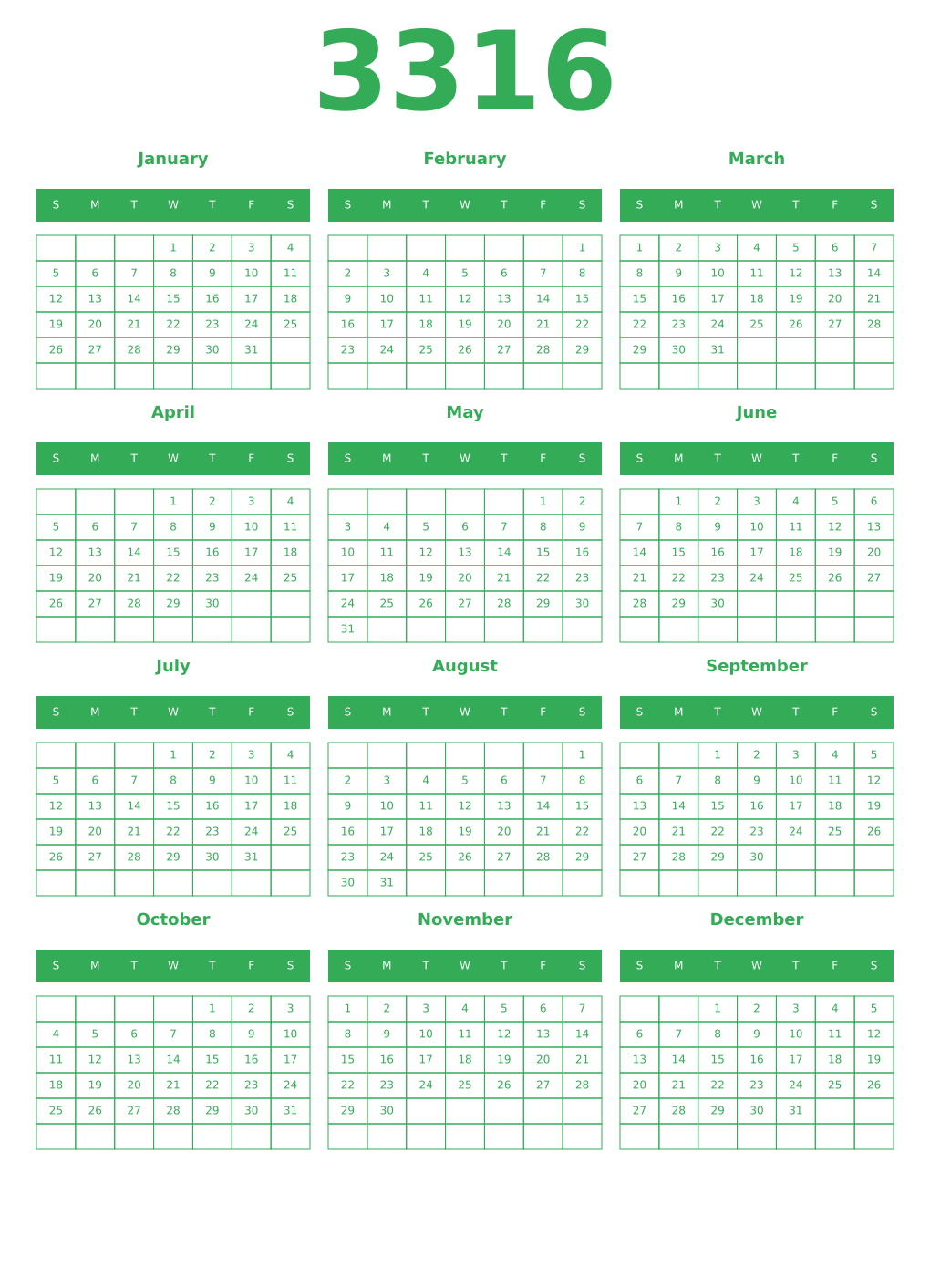 Printable 3316 Year Calendars green