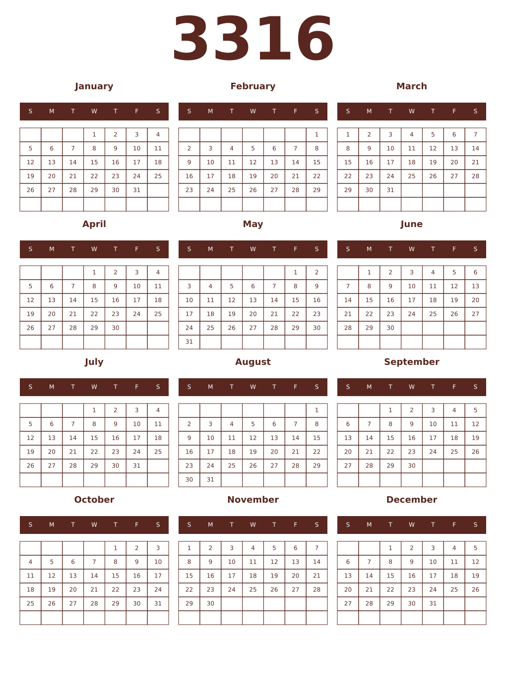 Printable 3316 Year Calendars mortuum