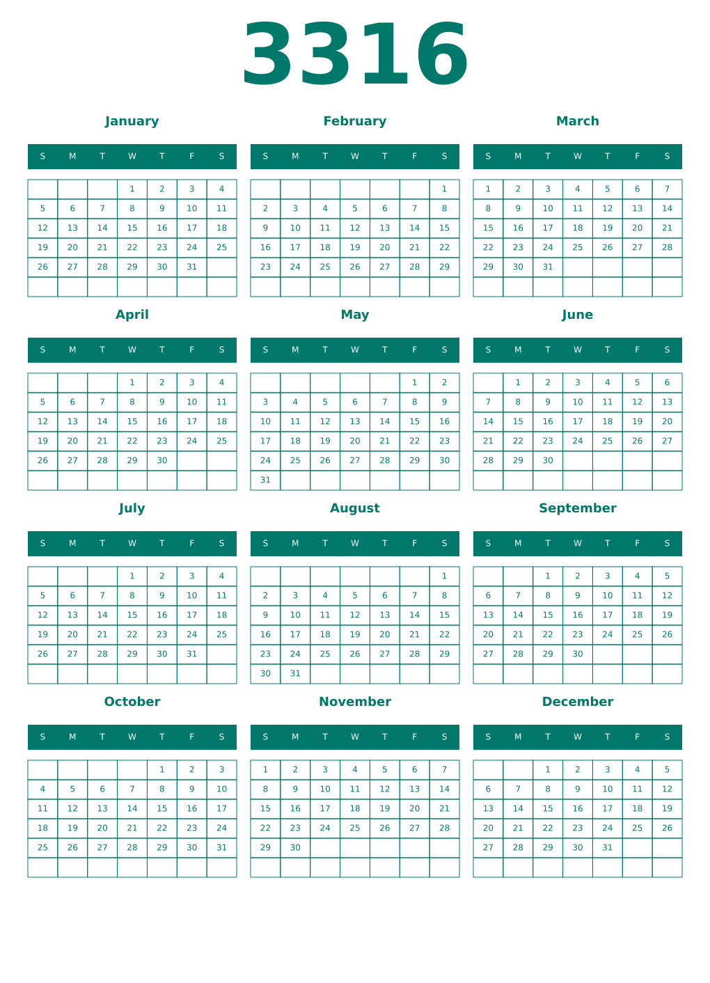 Printable 3316 Year Calendars pastel