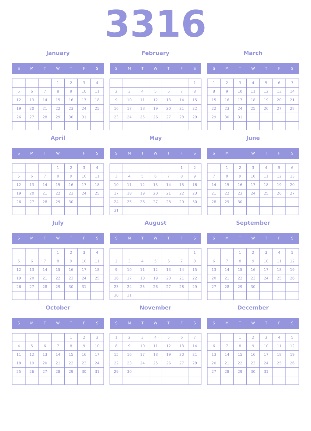 Printable 3316 Year Calendars periwinkle