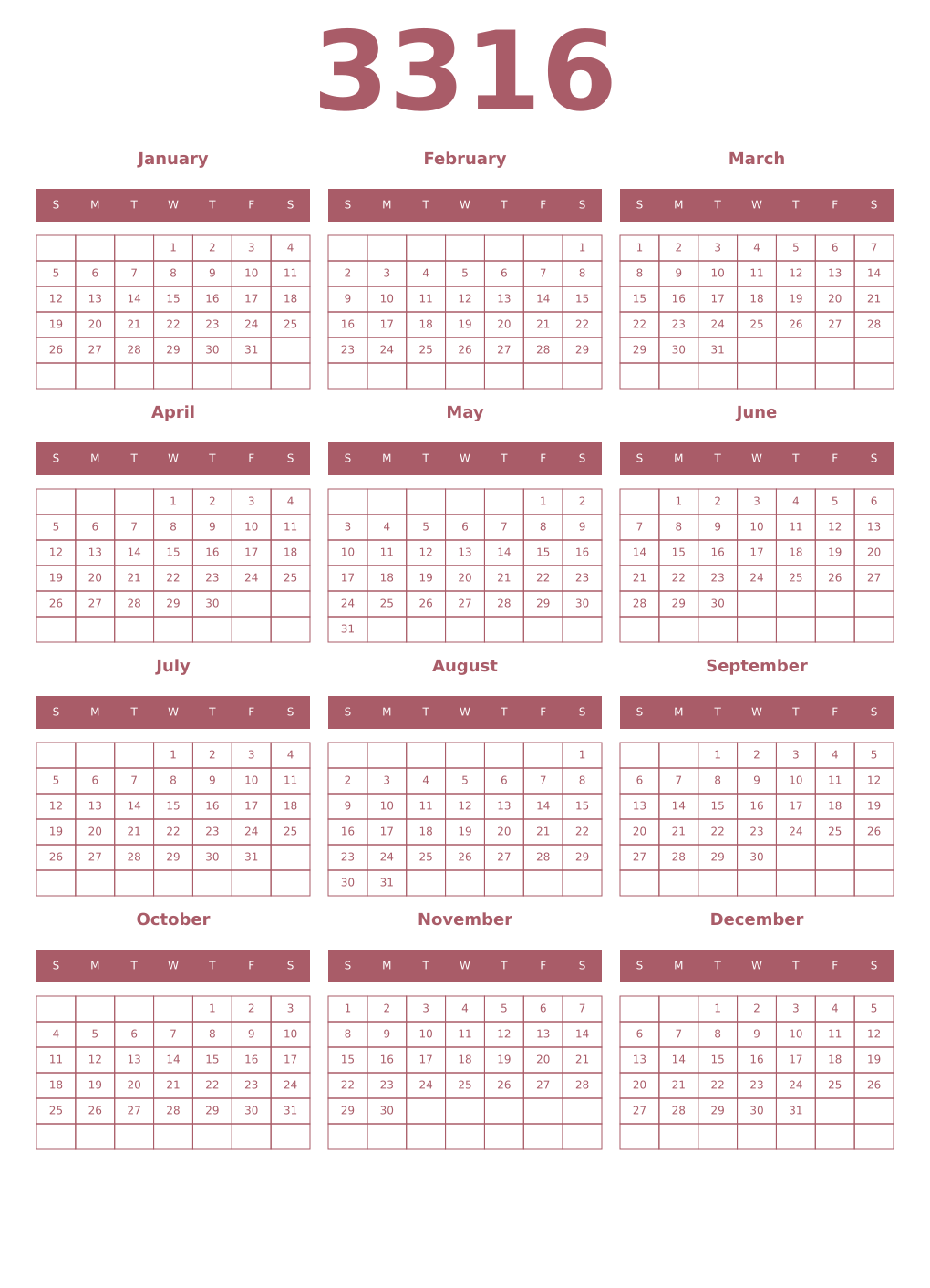 Printable 3316 Year Calendars puce
