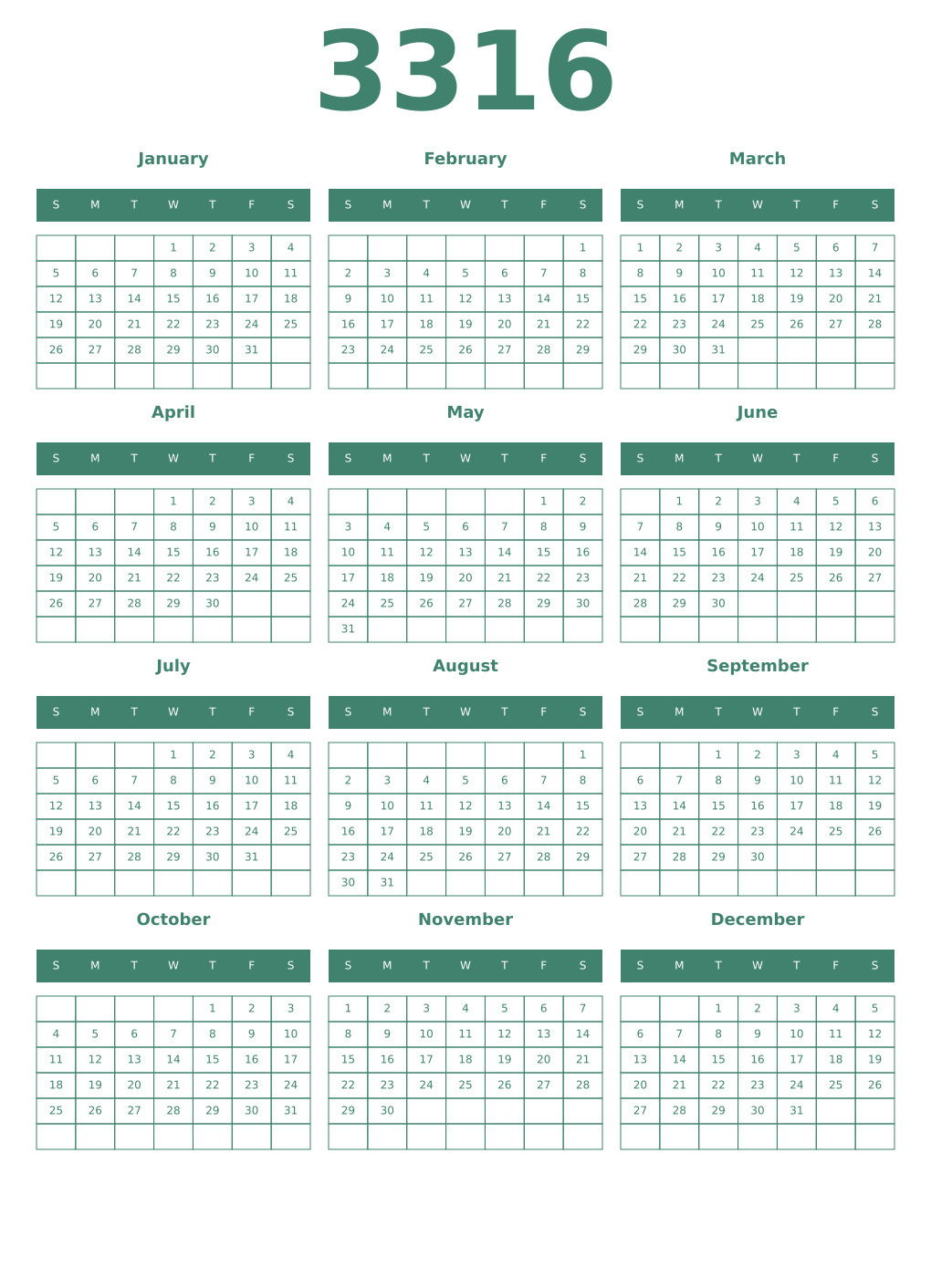 Printable 3316 Year Calendars viridian