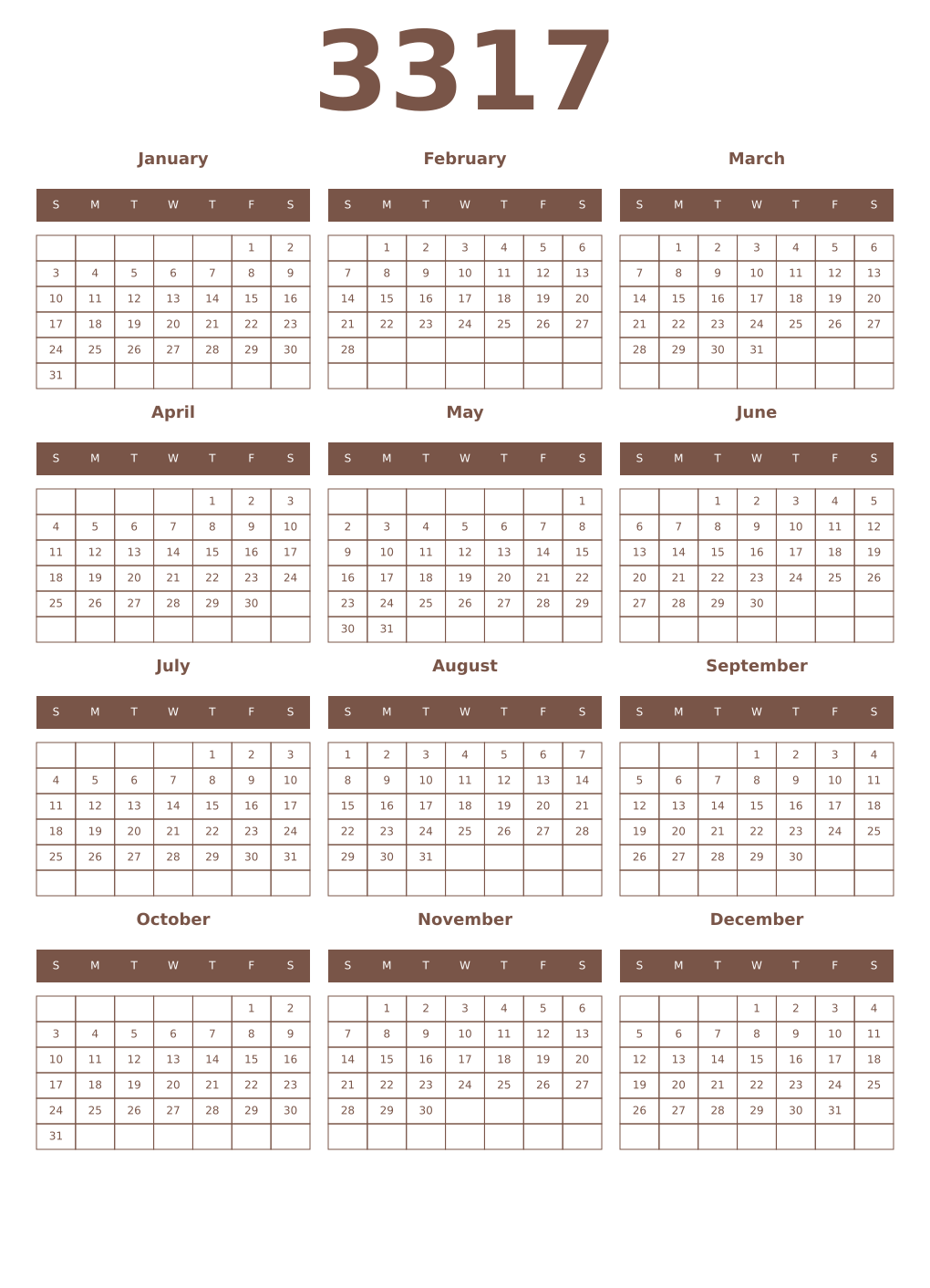 Printable 3317 Year Calendars coffe