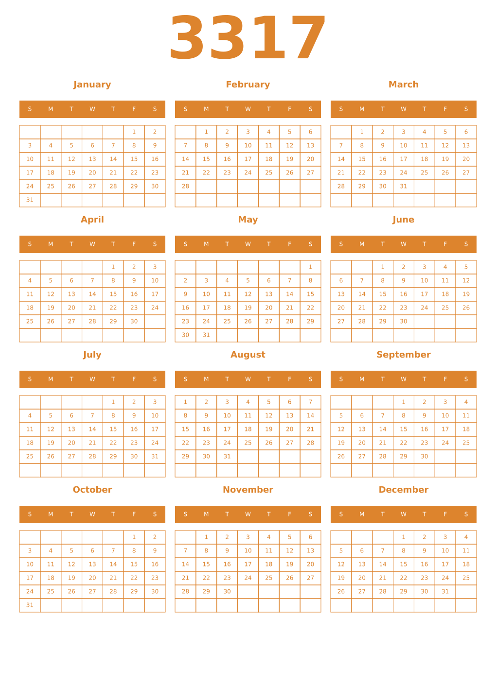 Printable 3317 Year Calendars orange