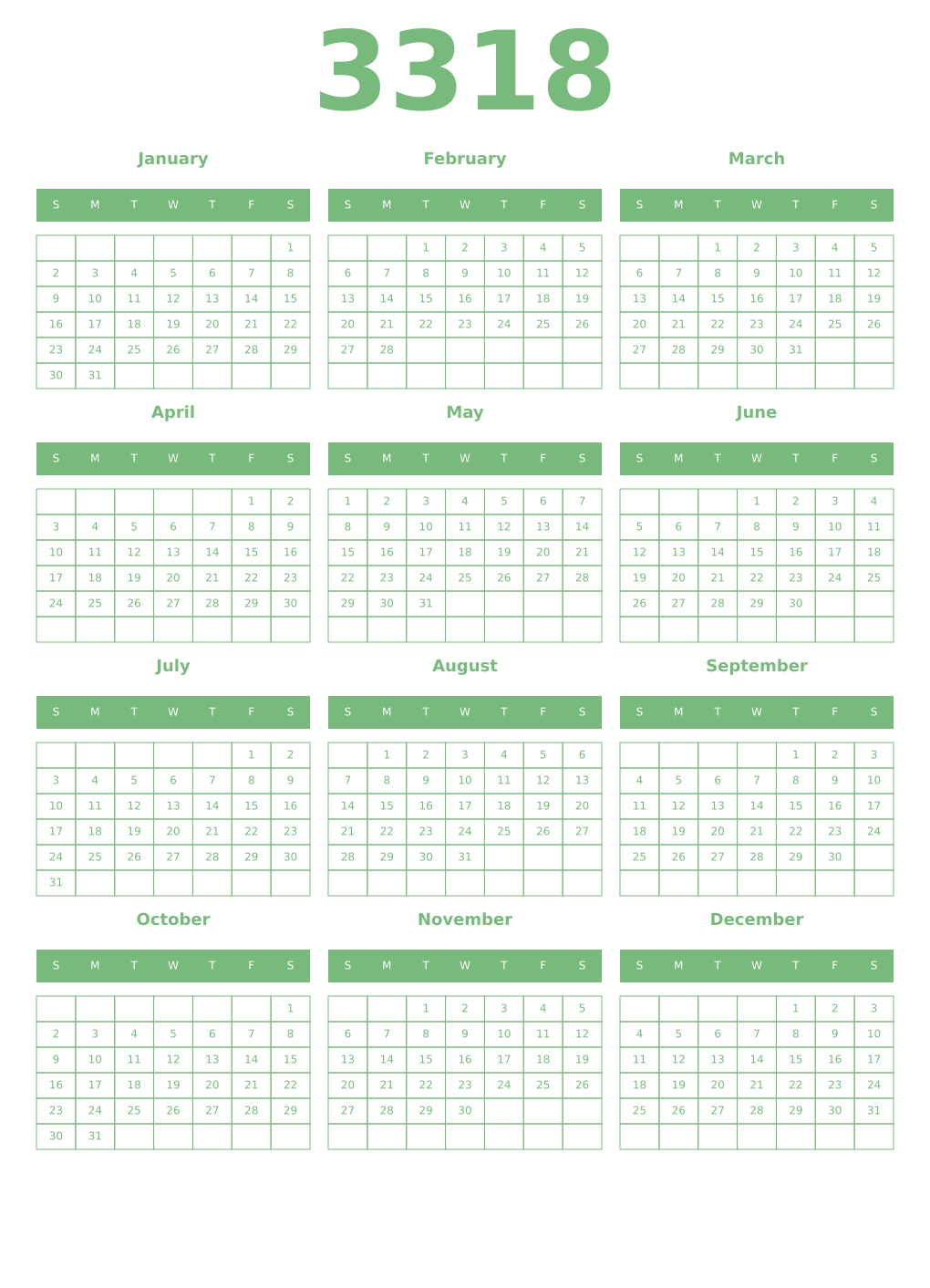 Printable 3318 Year Calendars celadon
