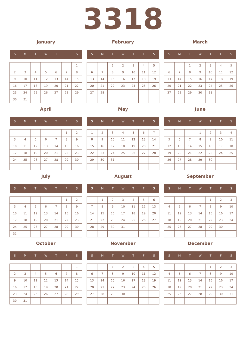 Printable 3318 Year Calendars coffe