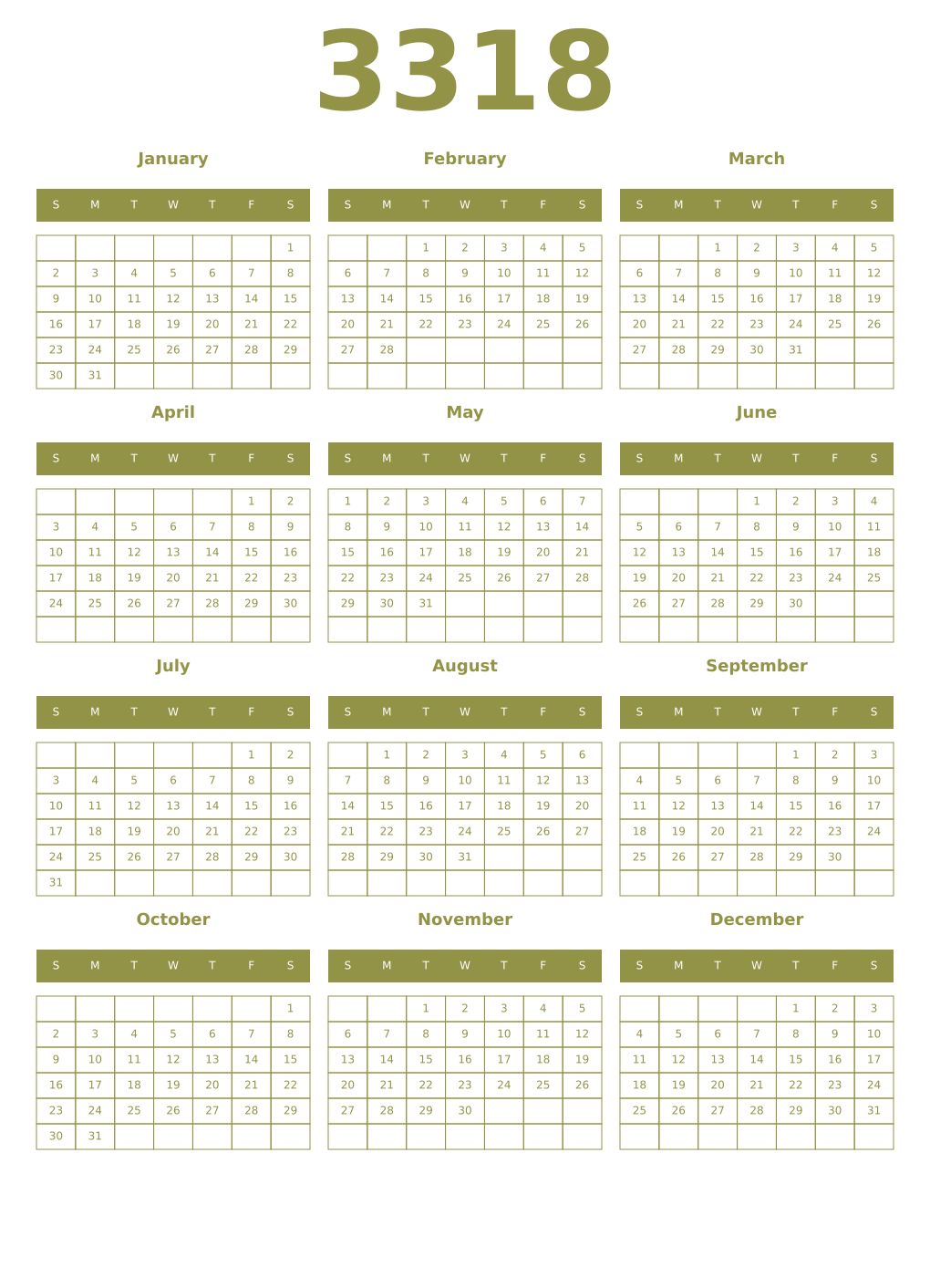 Printable 3318 Year Calendars eburnean
