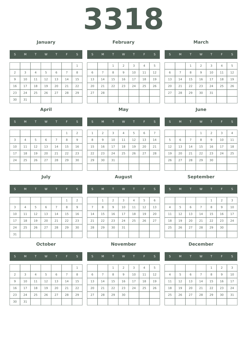 Printable 3318 Year Calendars feldgrau