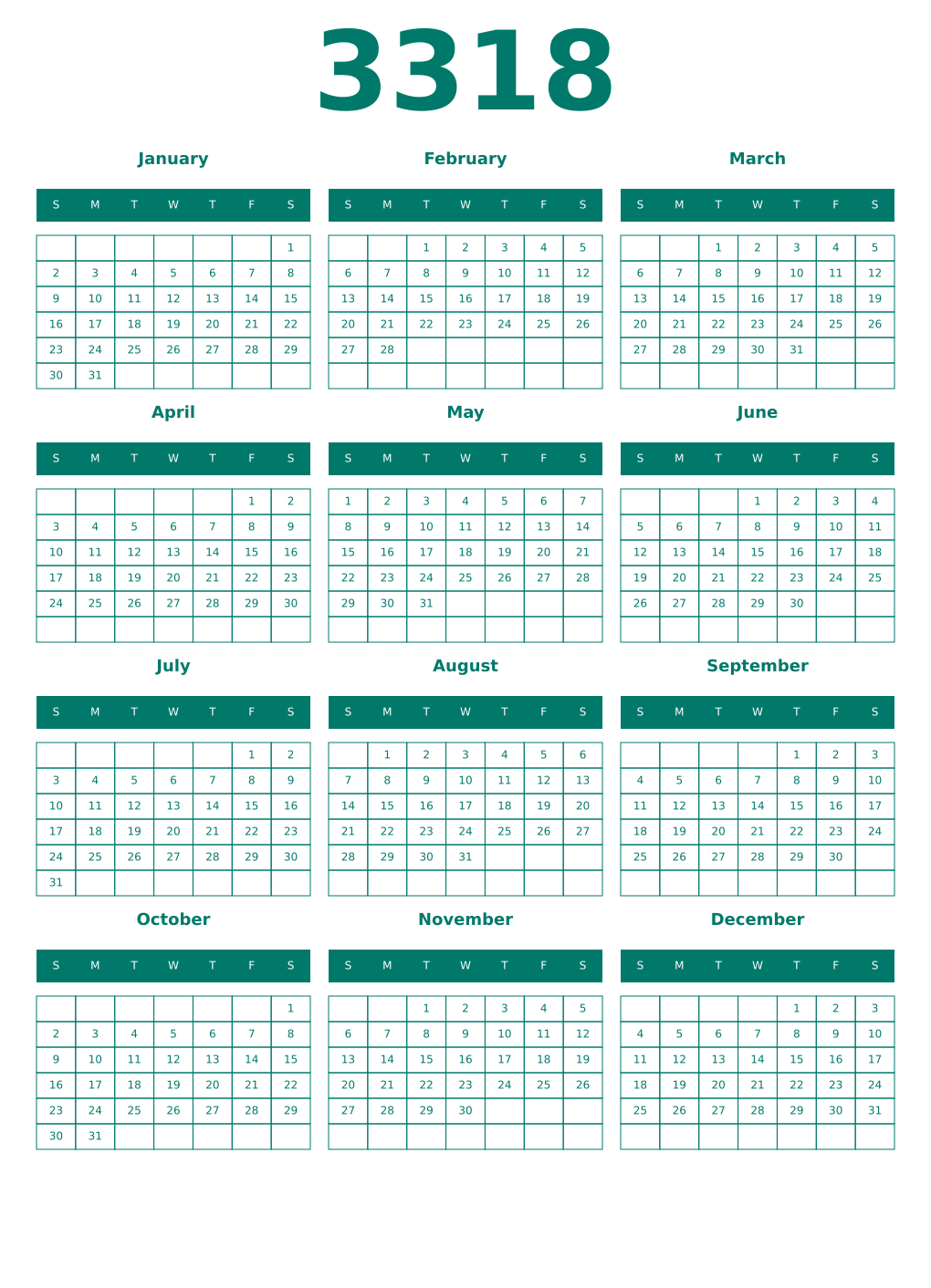 Printable 3318 Year Calendars pastel