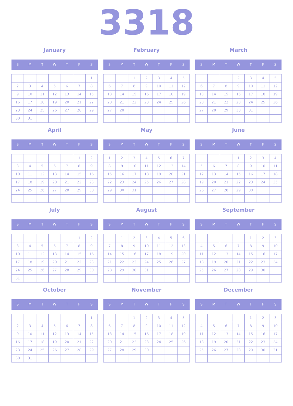 Printable 3318 Year Calendars periwinkle