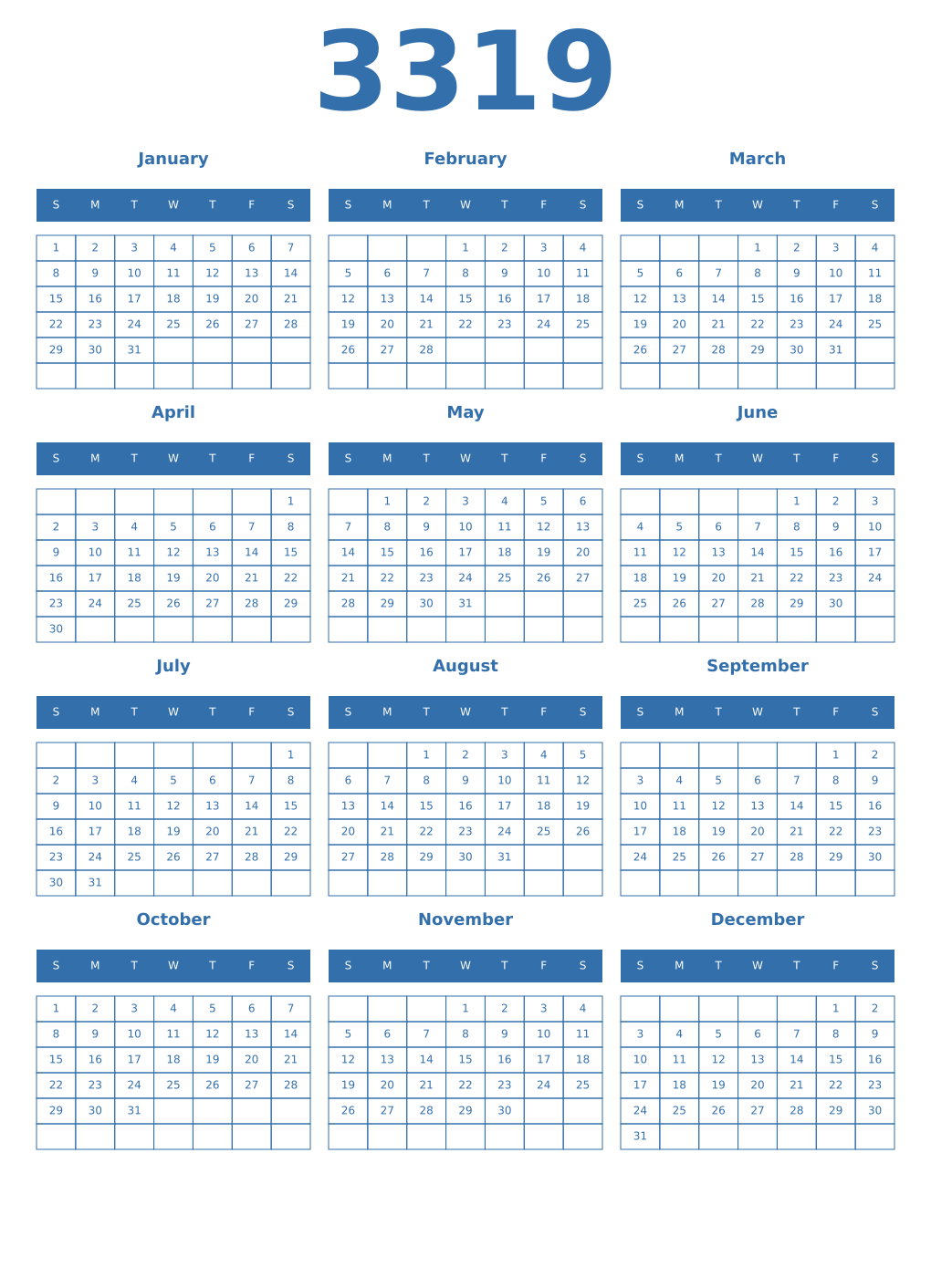 Printable 3319 Year Calendars blue
