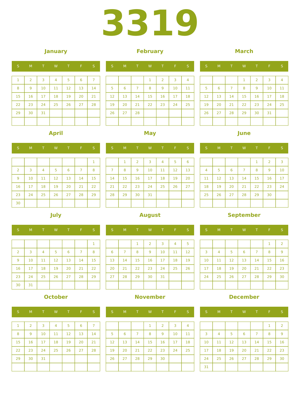 Printable 3319 Year Calendars chartreuse