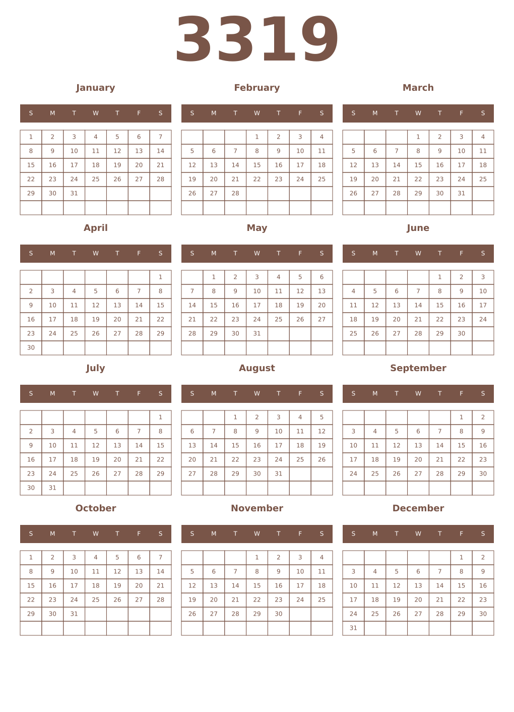 Printable 3319 Year Calendars coffe