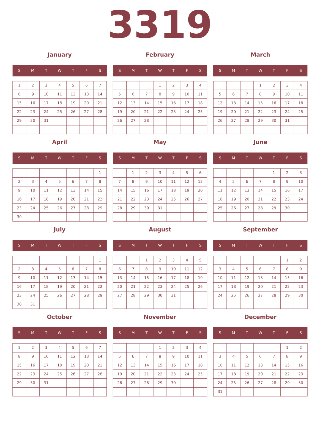 Printable 3319 Year Calendars cordovan